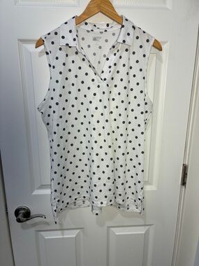 Lands' End White Sleeveless Collared Polka Dot Top